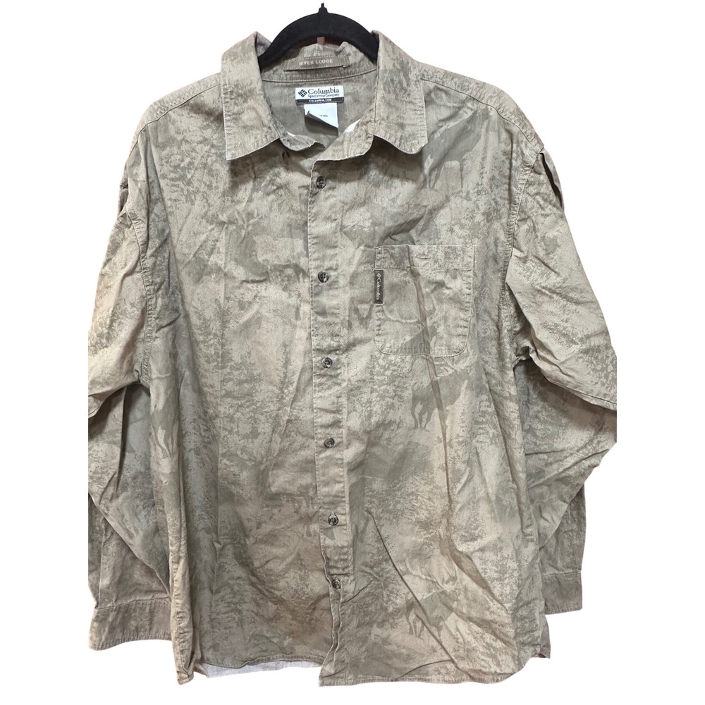 Columbia River Lodge Mens Medium Tan Wildlife Deer Elk Print Cotton Shirt HM7123